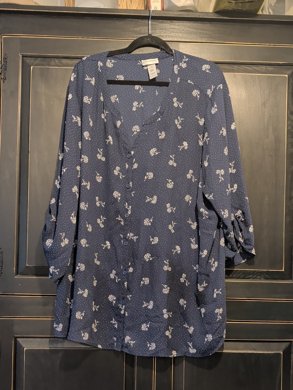 Catherine's Navy Floral Button-Front Women’s Blouse